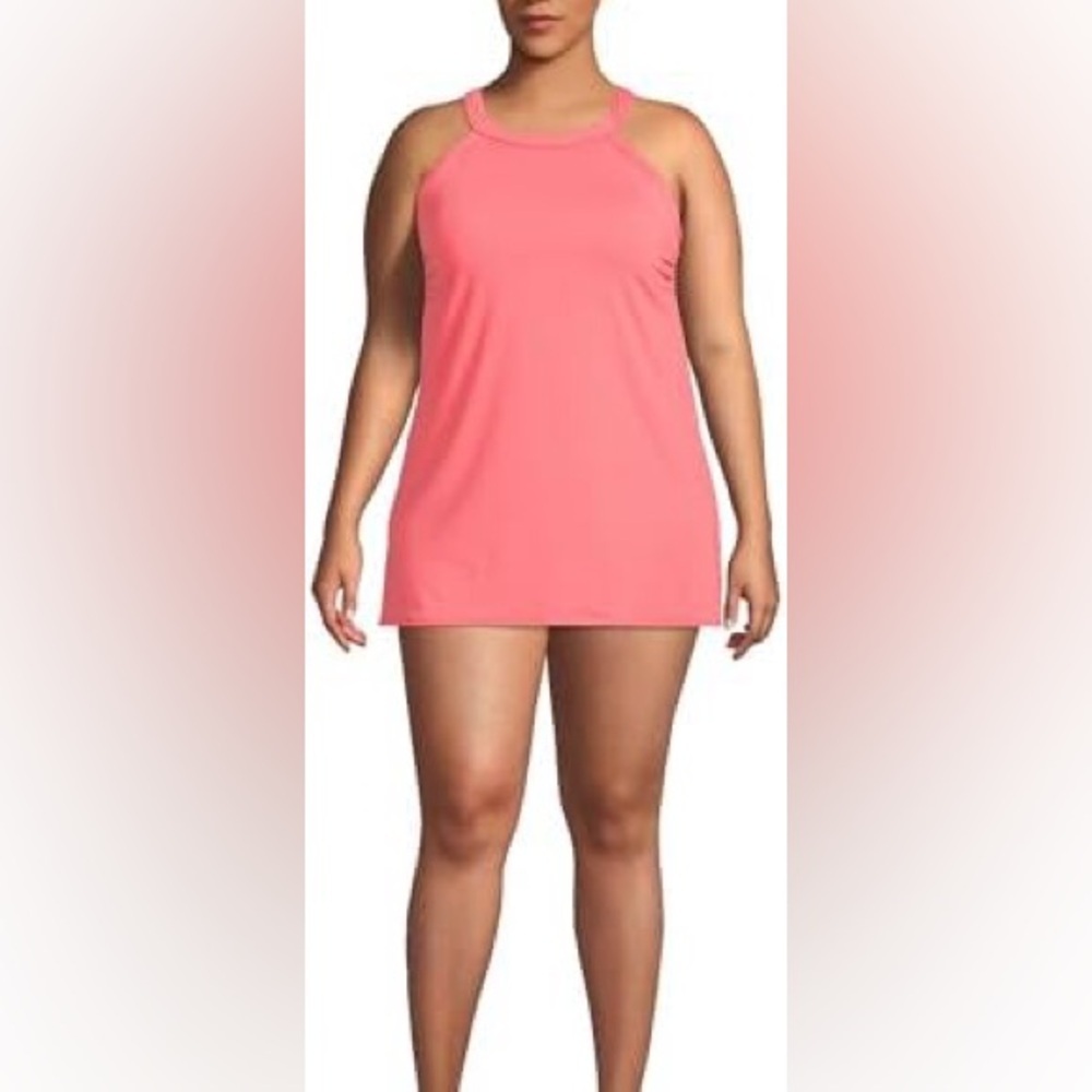 Lands End Womens Chlorine Resistant High Neck Swim Dress Wood Lily 24W Padded